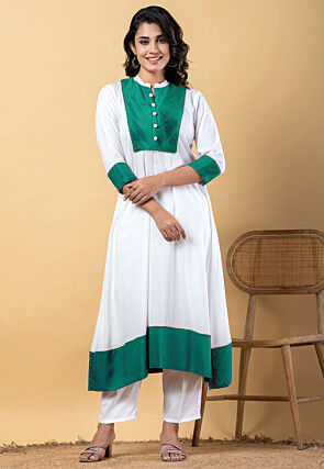 Plain Pure Rayon A Line Suit in White