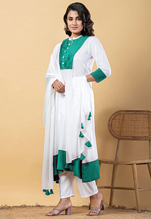 Plain Pure Rayon A Line Suit in White