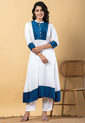 Plain Pure Rayon A Line Suit in White