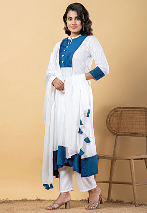 Plain Pure Rayon A Line Suit in White