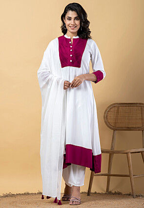 Plain Pure Rayon A Line Suit in White