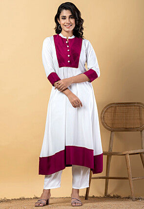 Plain Pure Rayon A Line Suit in White