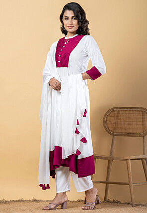 Plain Pure Rayon A Line Suit in White