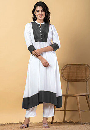 Plain Pure Rayon A Line Suit in White