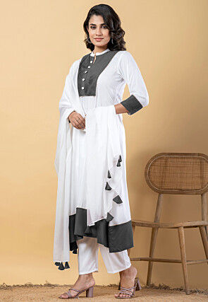 Plain Pure Rayon A Line Suit in White