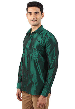 Plain Pure Silk Shirt in Dark Green