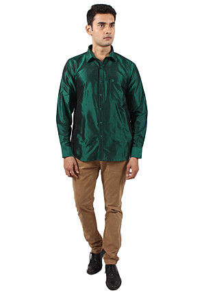 Plain Pure Silk Shirt in Dark Green