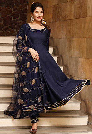 Plain Rayon A Line Suit in Navy Blue