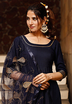 Plain Rayon A Line Suit in Navy Blue