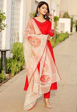 Plain Rayon A Line Suit in Red