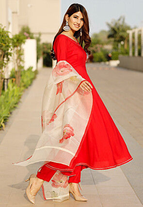 Plain Rayon A Line Suit in Red