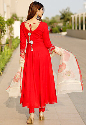 Plain Rayon A Line Suit in Red