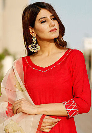 Plain Rayon A Line Suit in Red