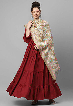 Plain Rayon Abaya Style Suit in Maroon