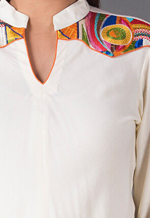 Plain Rayon Anarkali Suit in Off White