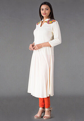 Plain Rayon Anarkali Suit in Off White