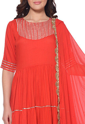 Plain Rayon Anarkali Suit in Red
