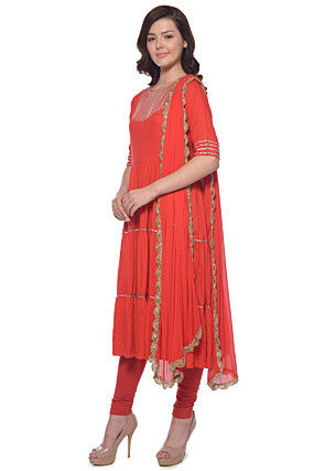 Plain Rayon Anarkali Suit in Red