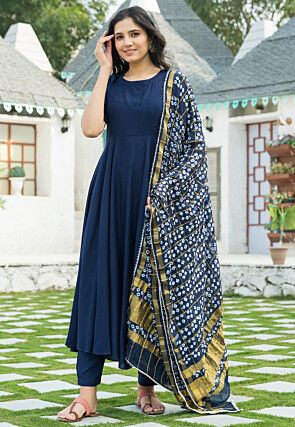 Plain Rayon Anarkali Suit in Teal Blue