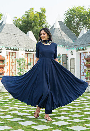 Plain Rayon Anarkali Suit in Teal Blue