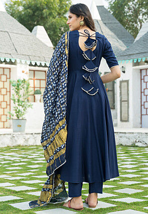 Plain Rayon Anarkali Suit in Teal Blue