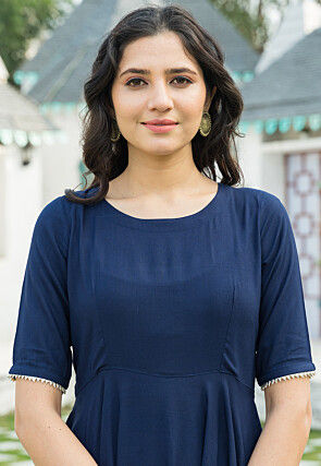 Plain Rayon Anarkali Suit in Teal Blue