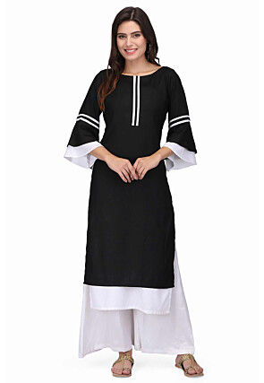 Plain Rayon Kurta Set in Black and White