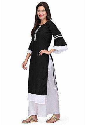 Plain Rayon Kurta Set in Black and White