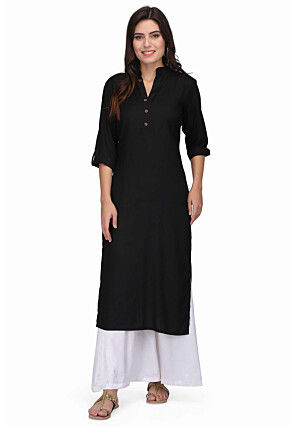 Plain Rayon Kurta Set in Black