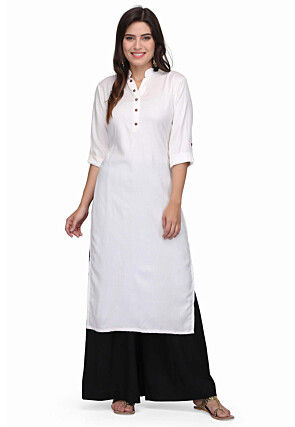 Plain Rayon Kurta Set in White