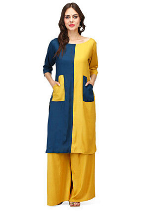 Color Blocked Rayon Kurta Set in Yellow and Teal Blue