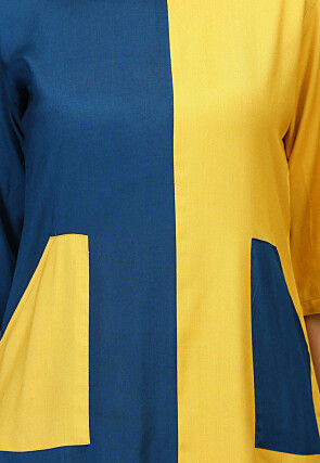 Color Blocked Rayon Kurta Set in Yellow and Teal Blue