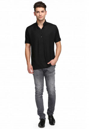 Plain Rayon Short Kurta in Black