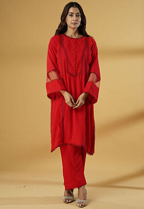 Plain Rayon Straight Kurta Set in Red