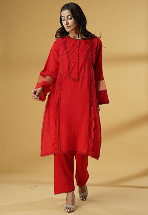 Plain Rayon Straight Kurta Set in Red