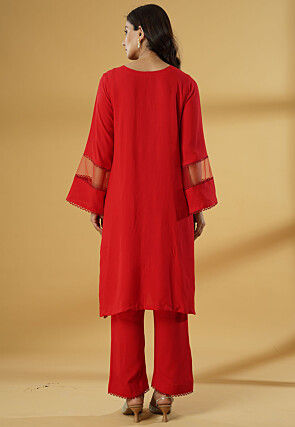 Plain Rayon Straight Kurta Set in Red