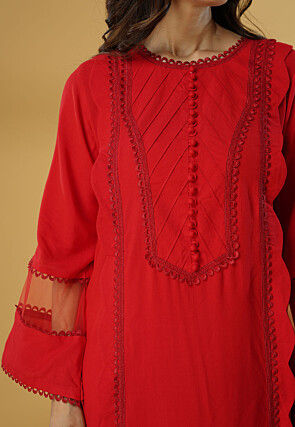 Plain Rayon Straight Kurta Set in Red