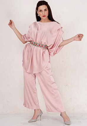 Plain Satin Co-Ord Set with Embroidered Belt in Baby Pink