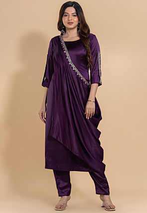 Plain Satin Pakistani Suit in Dark Purple