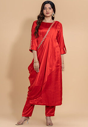 Plain Satin Pakistani Suit in Red