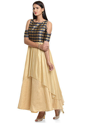 Plain Shimmer Lycra Abaya Style Suit in Blue and Beige