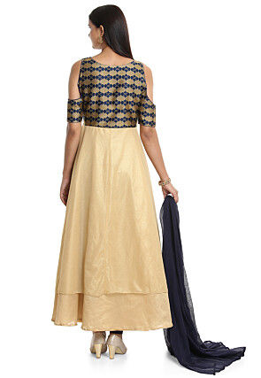 Plain Shimmer Lycra Abaya Style Suit in Blue and Beige