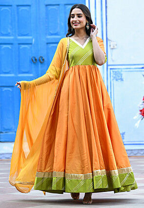 Plain Taffeta Silk Abaya Style Suit in Yellow