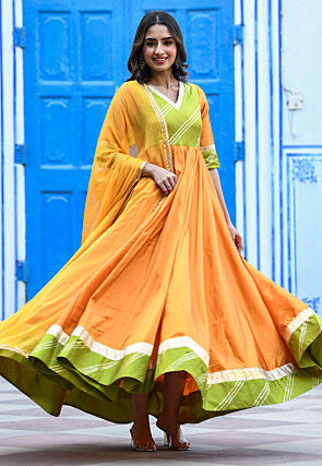 Plain Taffeta Silk Abaya Style Suit in Yellow