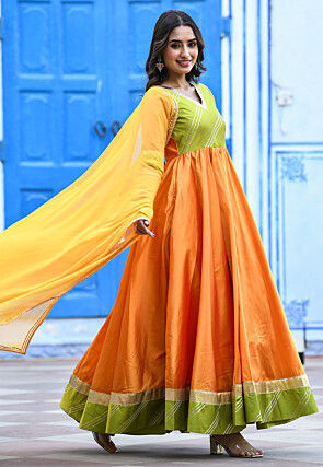 Plain Taffeta Silk Abaya Style Suit in Yellow