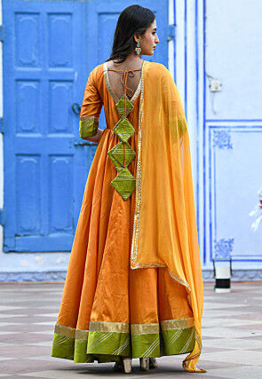 Plain Taffeta Silk Abaya Style Suit in Yellow