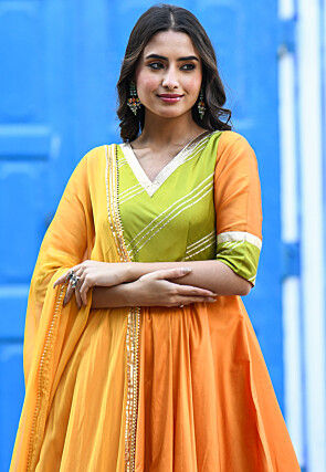 Plain Taffeta Silk Abaya Style Suit in Yellow