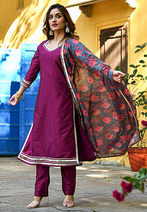 Plain Taffeta Silk Pakistani Suit in Violet