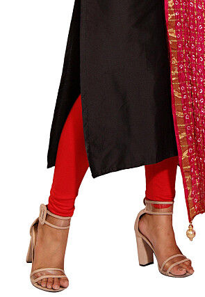 Plain Taffeta Silk Straight Suit in Black