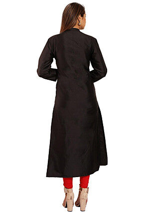 Plain Taffeta Silk Straight Suit in Black